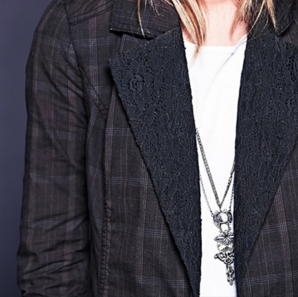 Free People Retro Plaid Lace Blazer Coat Jacket - Picture 10 of 11